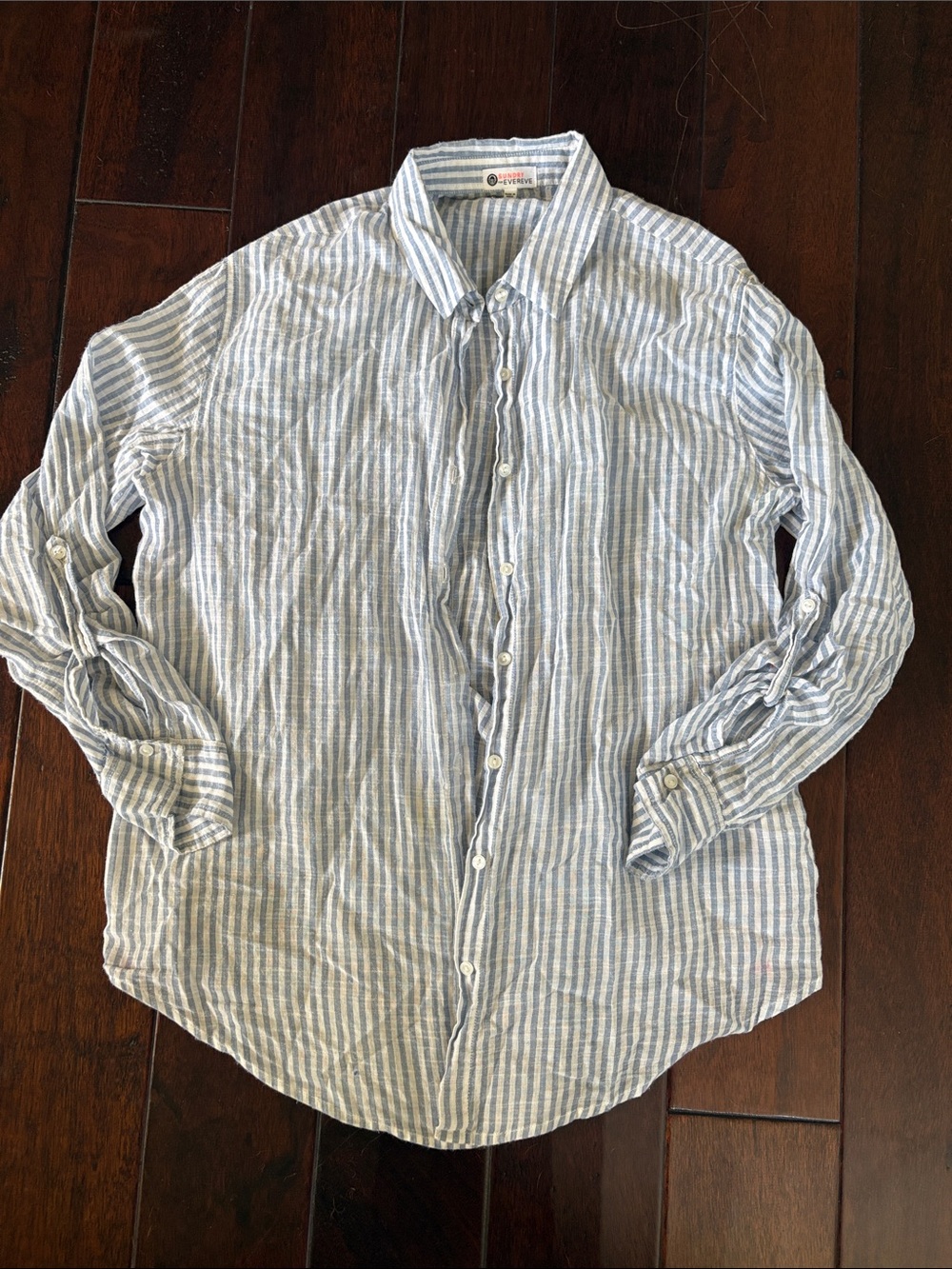Small Women’s Blue & White Striped Linen Blend Button-Down Shirt
